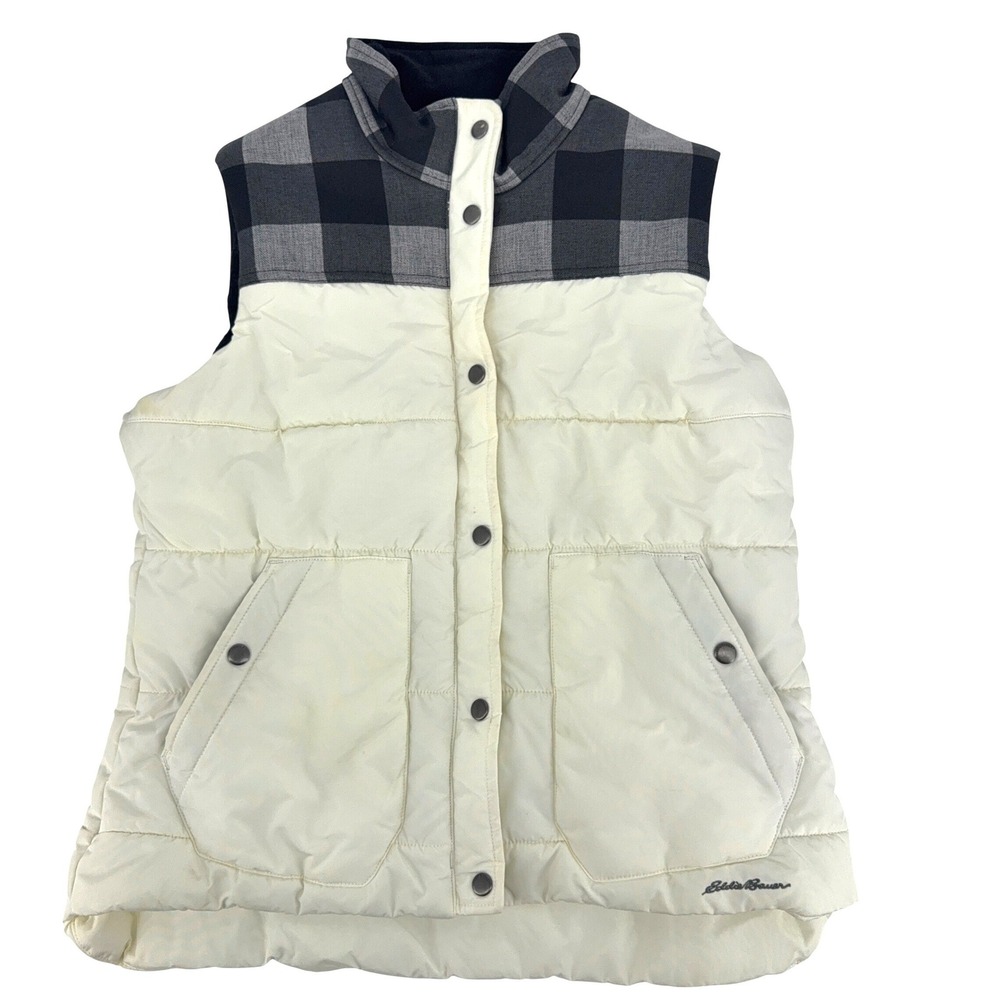 Eddie Bauer Puffer Vest Womens L Ivory Grey Plaid Insulated Snap Front Pocket